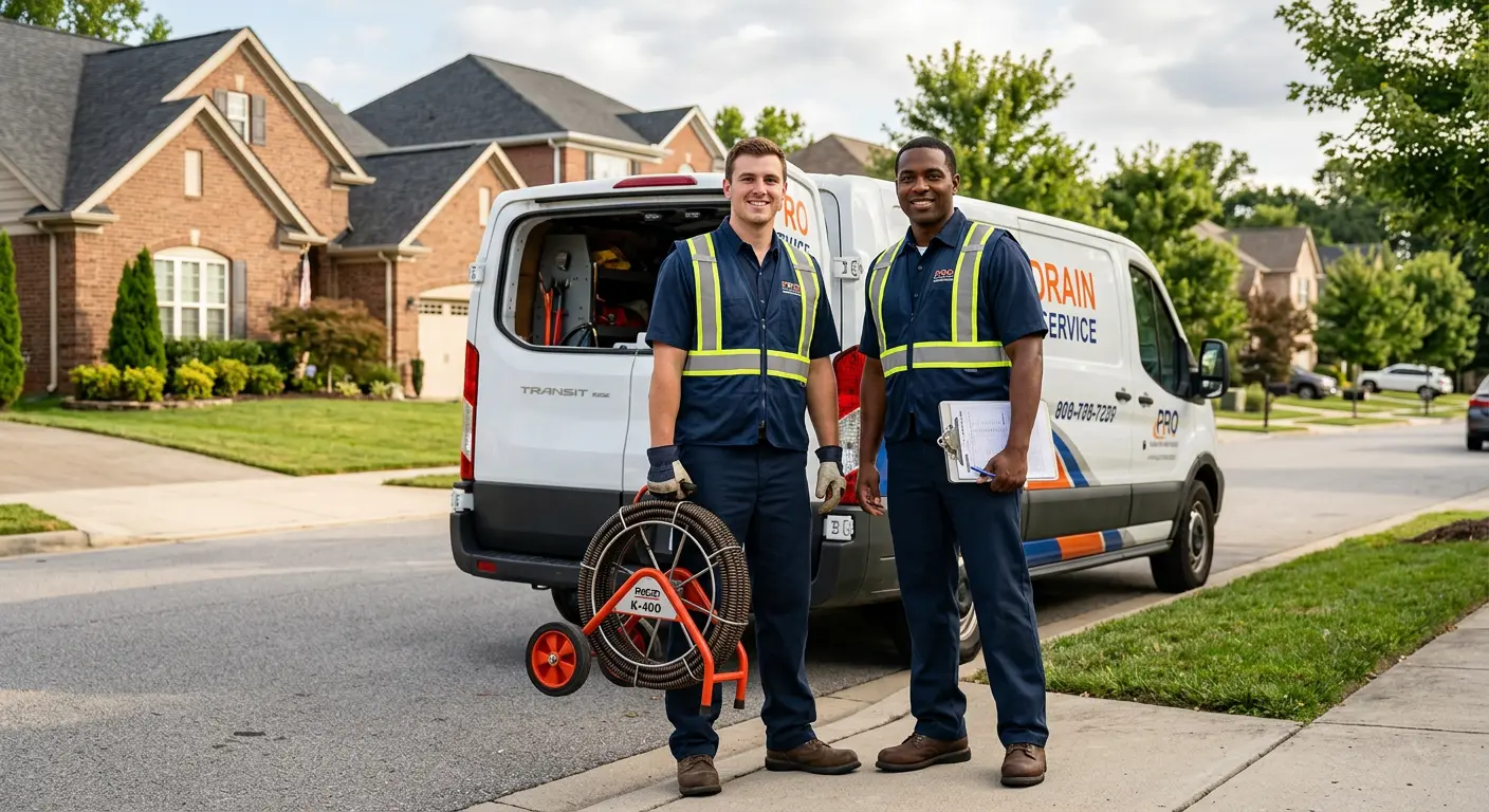 Sewer and drain service team with equipment ready for work in Lafayette