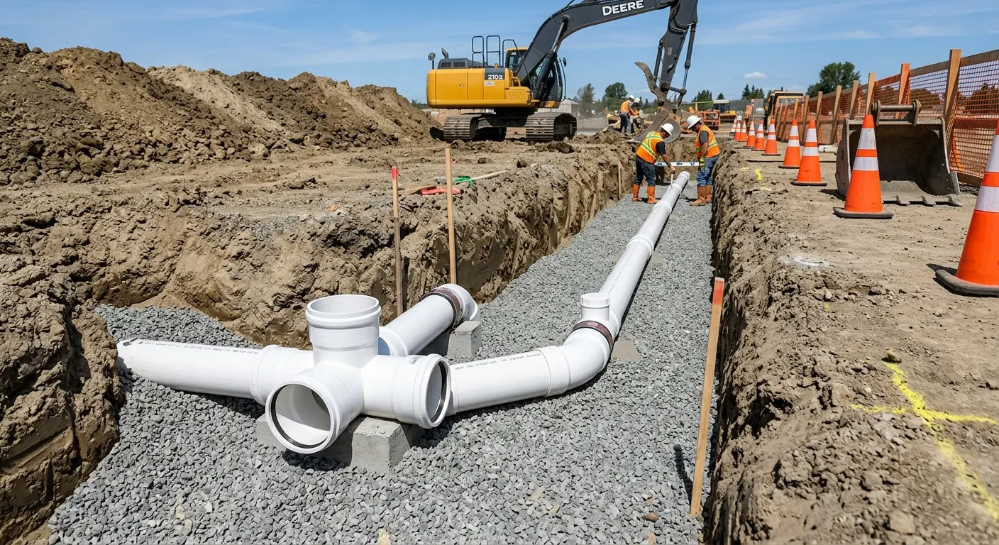 New PVC sewer pipe installation in open trench for Commercial Drain Cleaning in Lafayette