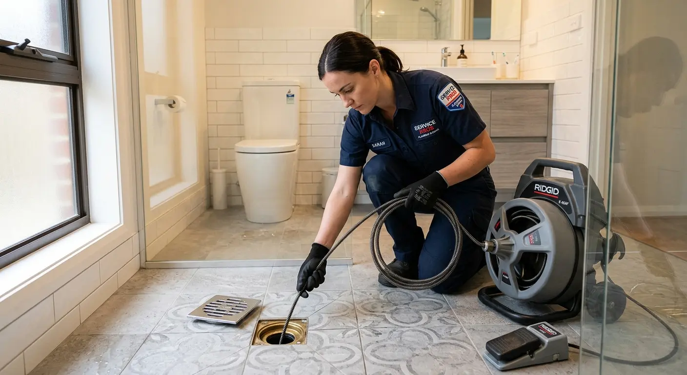 Technician clearing a bathroom floor drain for Clogged Drain Repair in Lafayette
